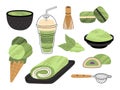 Set of matcha green tea. Various products and accessories for ceremony. Biscuits, ice cream, latte